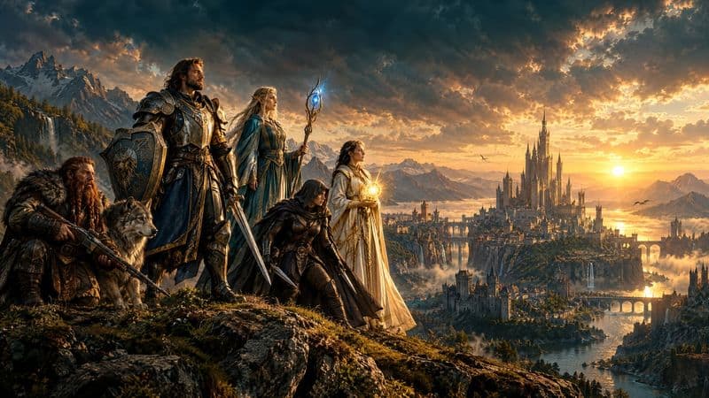 Eine Gruppe von Abenteurern, darunter Krieger, Magierin, Schurkin, Zwergen-Jäger mit Wolf und Priesterin, blickt bei Sonnenuntergang von einer Klippe auf ein Fantasy-Königreich mit Burgen und Brücken. KI-generiertes Bild.
